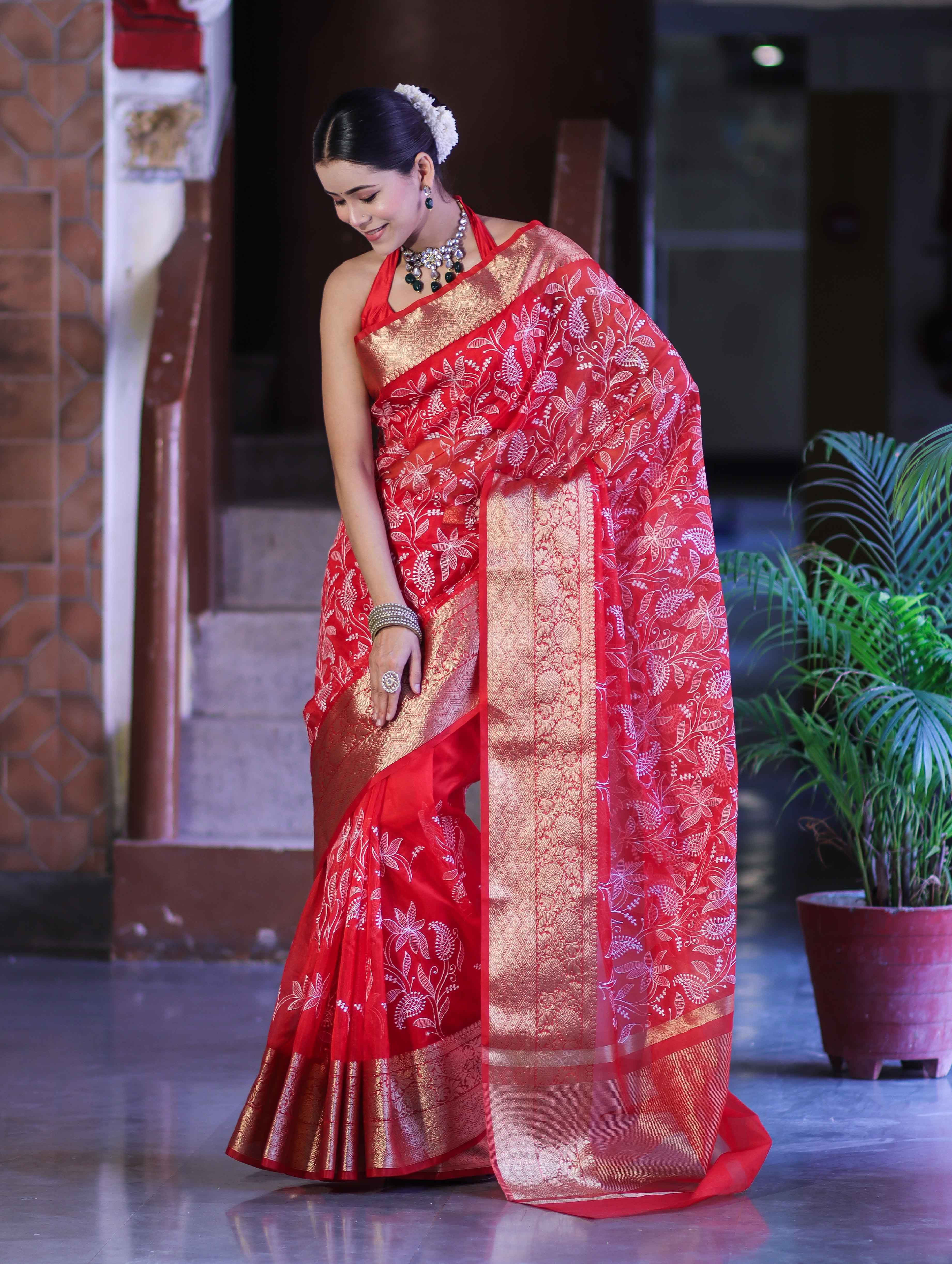 Banarasee Organza Mix Saree With Thread Embroidered Work & Zari Border-Red
