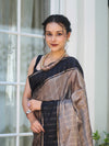 Banarasee Handloom Semi Silk Saree With Checks Pattern & Contrast Border-Grey & Black
