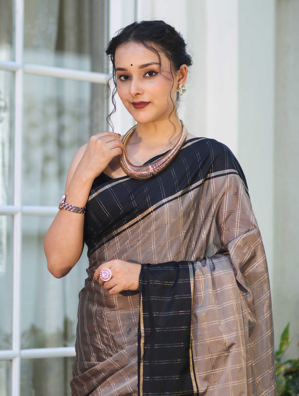 Banarasee Handloom Semi Silk Saree With Checks Pattern & Contrast Border-Grey & Black