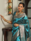 Banarasee Handwoven Tissue Saree Zari Border With Buti Design-Teal Blue