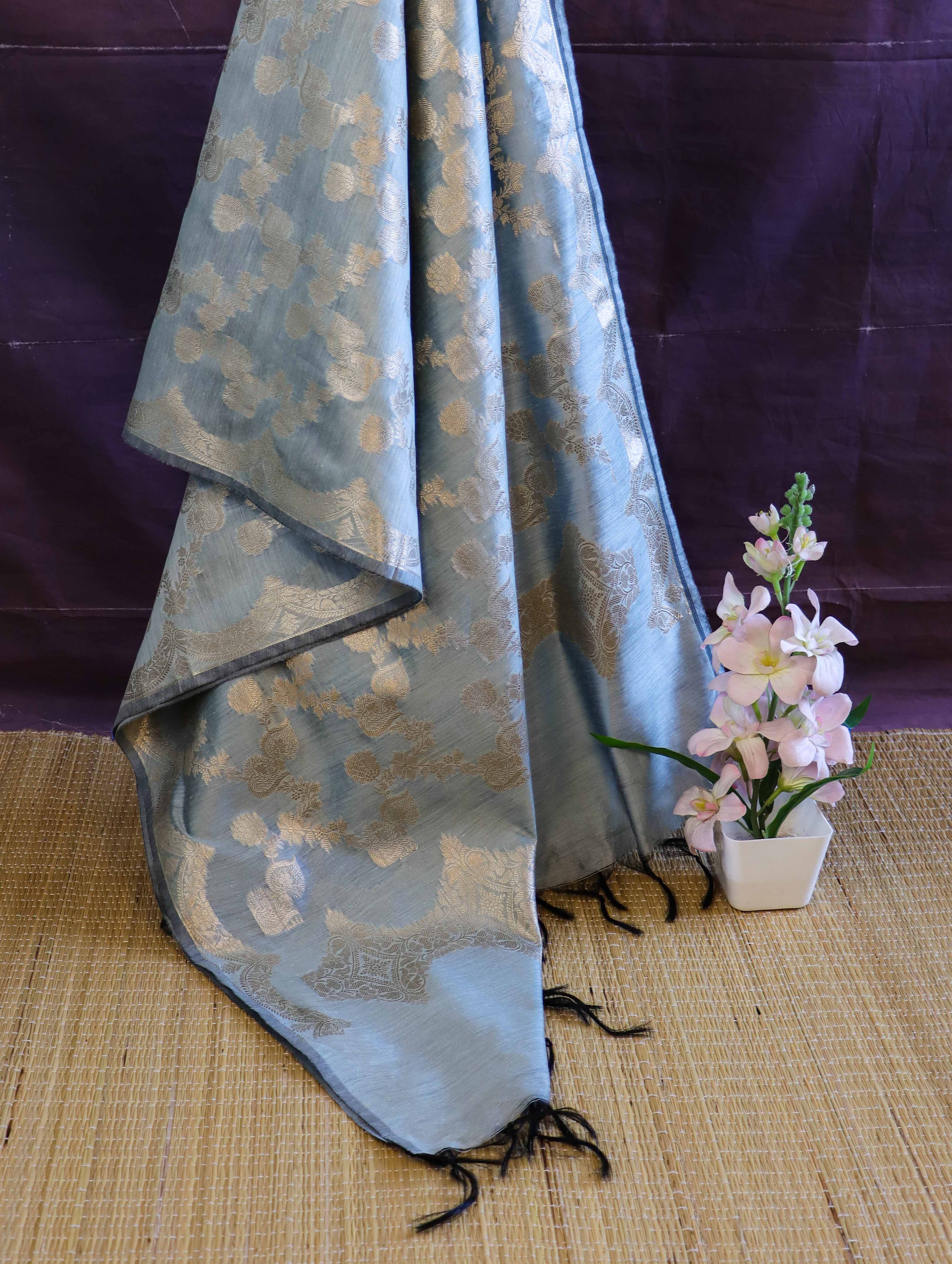 Banarasee Cotton Silk Dupatta With Zari Jaal Design-Light Blue