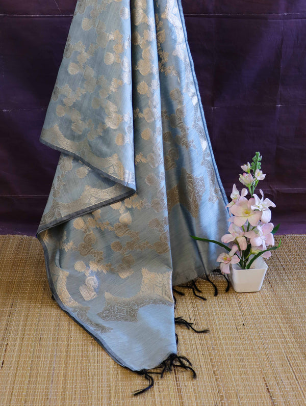 Banarasee Cotton Silk Dupatta With Zari Jaal Design-Light Blue