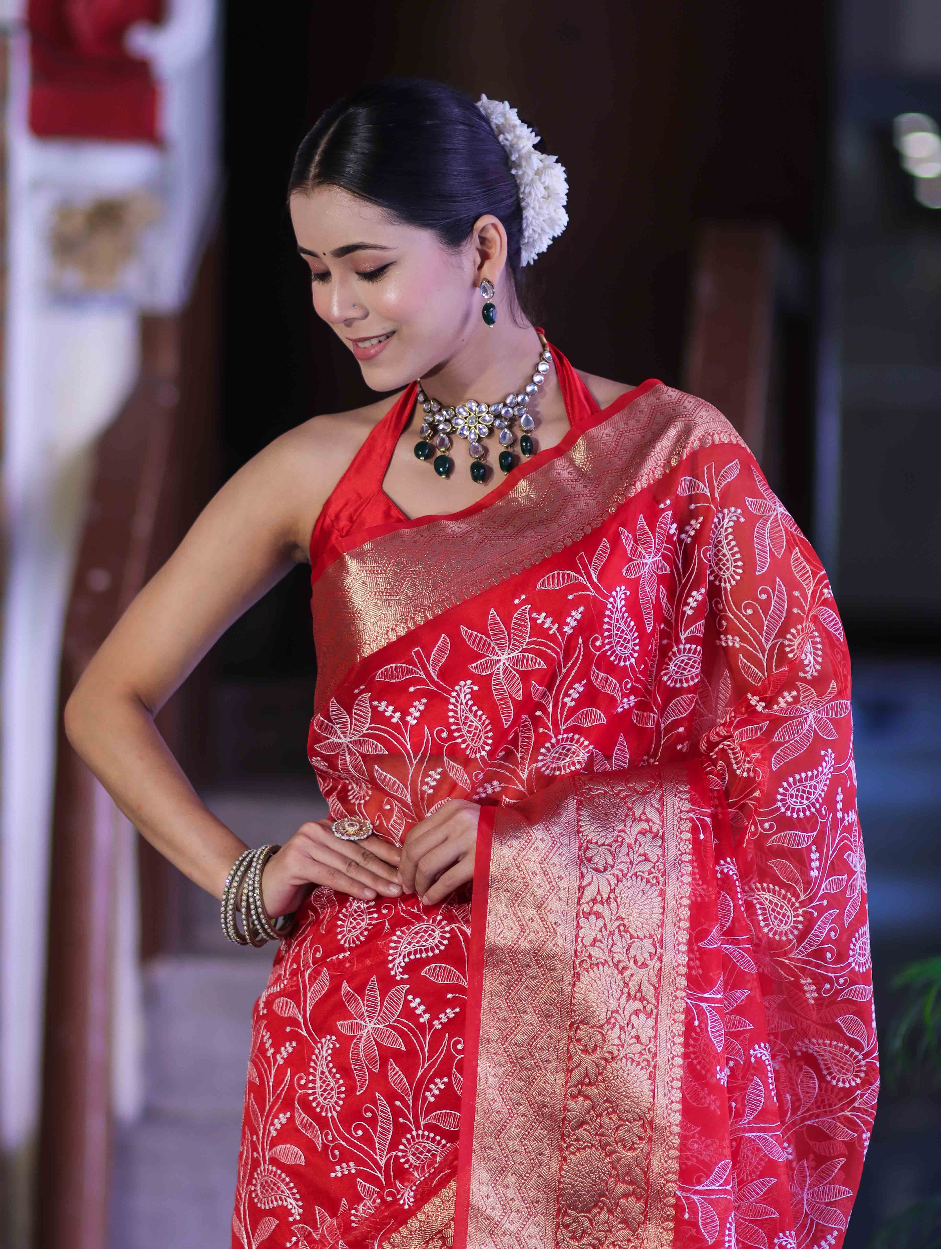 Banarasee Organza Mix Saree With Thread Embroidered Work & Zari Border-Red