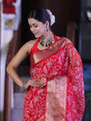 Banarasee Organza Mix Saree With Thread Embroidered Work & Zari Border-Red