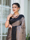 Banarasee Handloom Semi Silk Saree With Checks Pattern & Contrast Border-Grey & Black