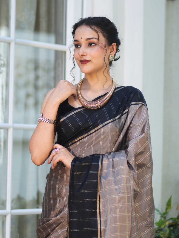 Banarasee Handloom Semi Silk Saree With Checks Pattern & Contrast Border-Grey & Black