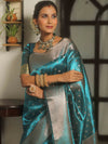 Banarasee Handwoven Tissue Saree Zari Border With Buti Design-Teal Blue