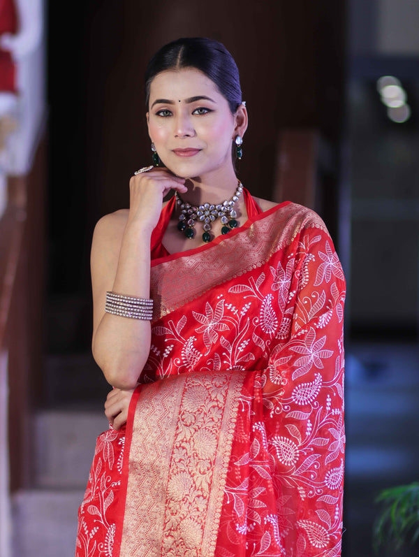 Banarasee Organza Mix Saree With Thread Embroidered Work & Zari Border-Red