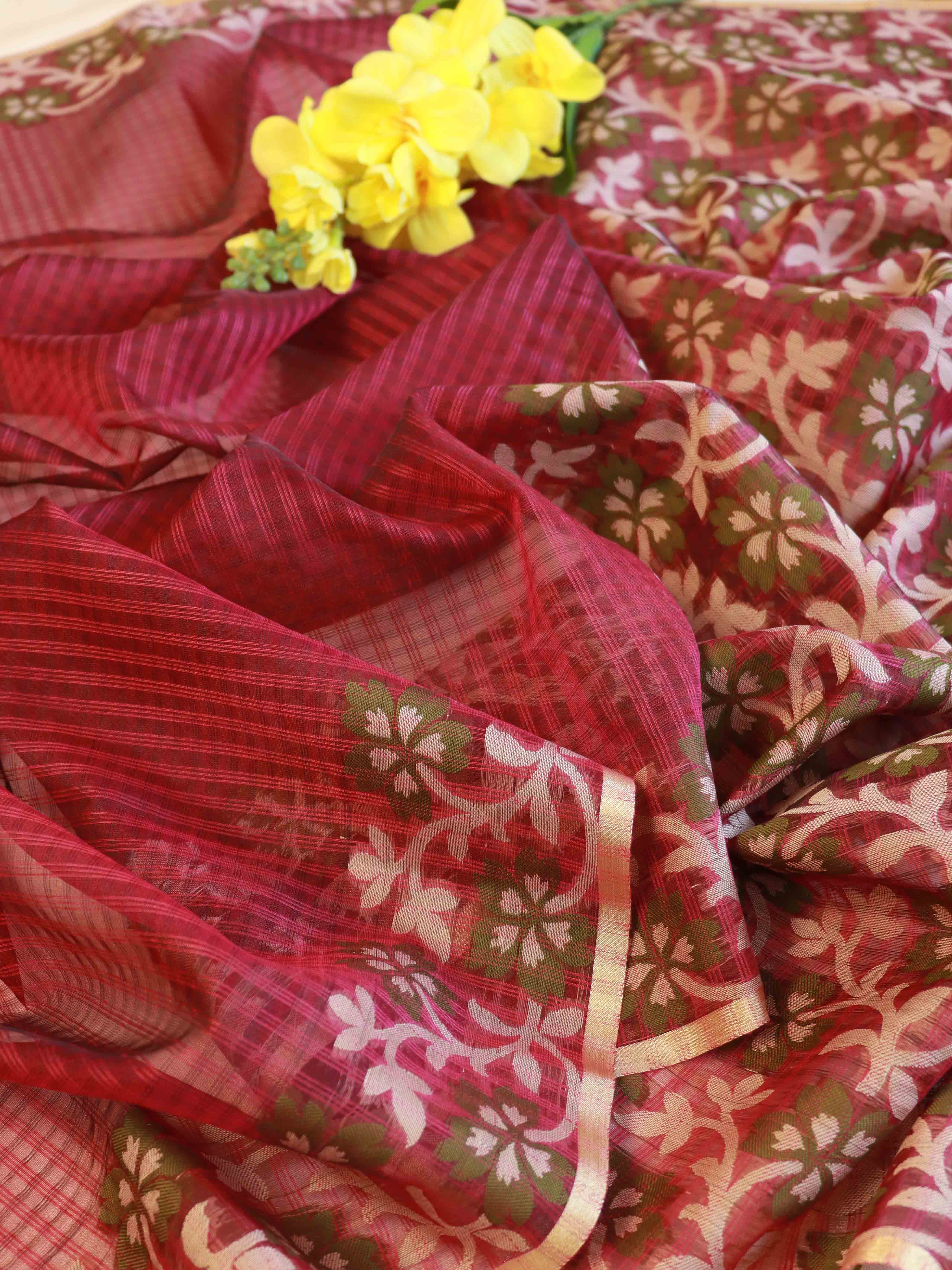 Banarasee Cotton Silk Mix Half & Half Saree-Maroon