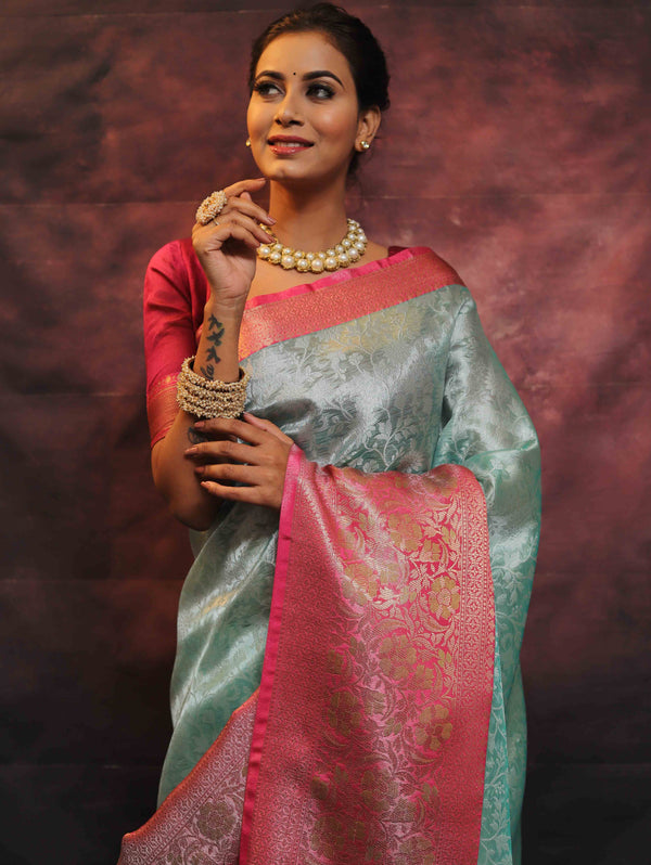 Banarasee Handwoven Broad Border Zari Jaal Design Tissue Saree-Sea Green & Pink