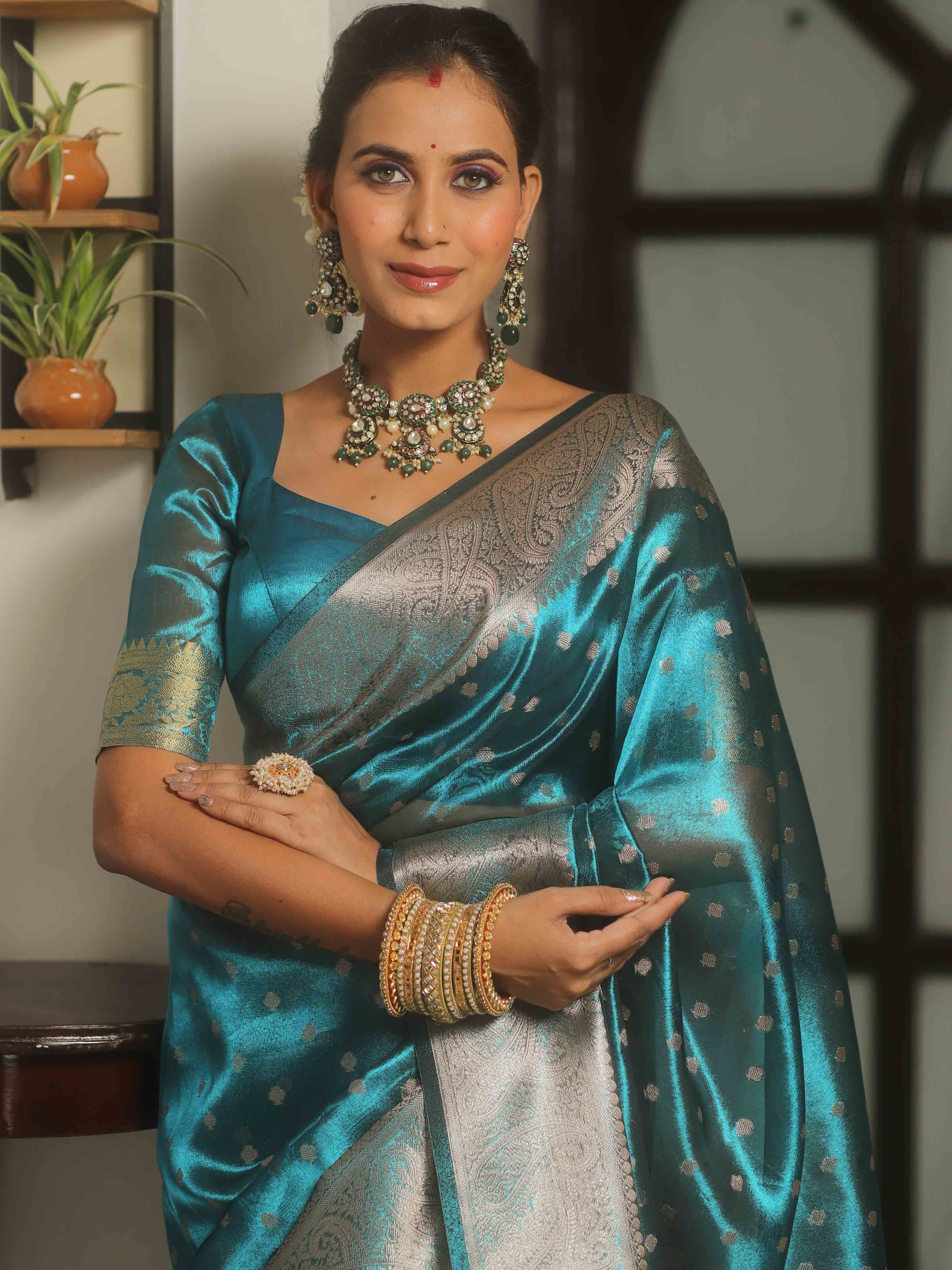 Banarasee Handwoven Tissue Saree Zari Border With Buti Design-Teal Blue