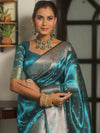 Banarasee Handwoven Tissue Saree Zari Border With Buti Design-Teal Blue