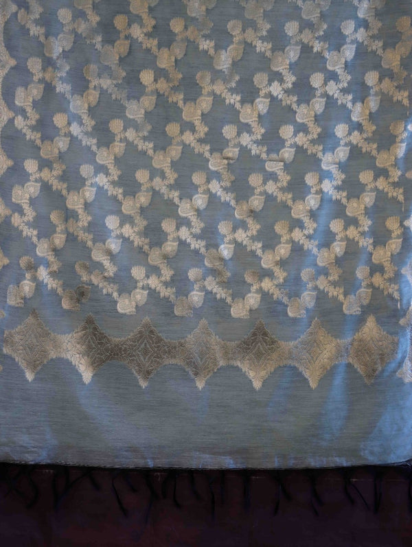 Banarasee Cotton Silk Dupatta With Zari Jaal Design-Light Blue