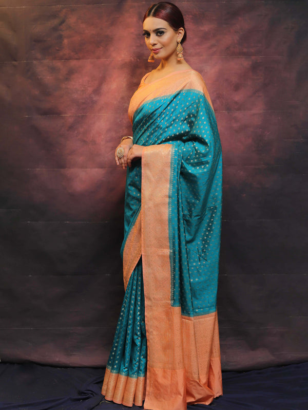 Banarasee Semi Silk Zari Buti Saree With Contrast Border-Blue & Peach