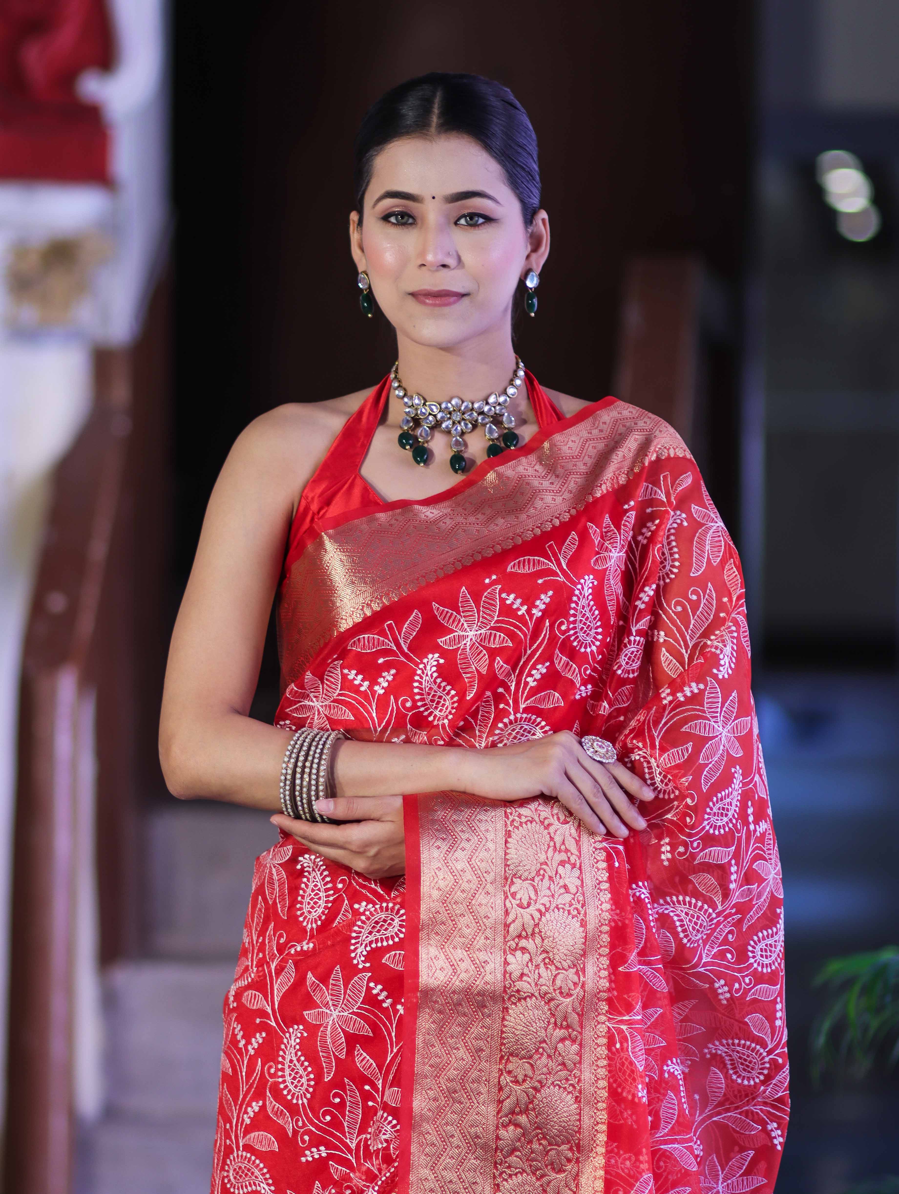 Banarasee Organza Mix Saree With Thread Embroidered Work & Zari Border-Red