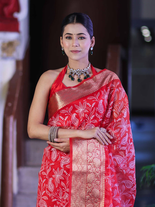 Banarasee Organza Mix Saree With Thread Embroidered Work & Zari Border-Red