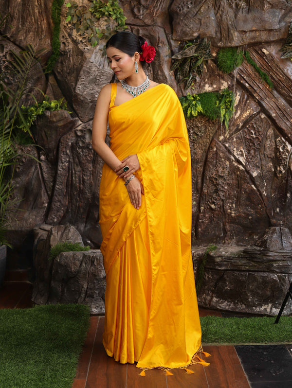 Banarasee Handloom Plain Mashru Silk Saree-Yellow