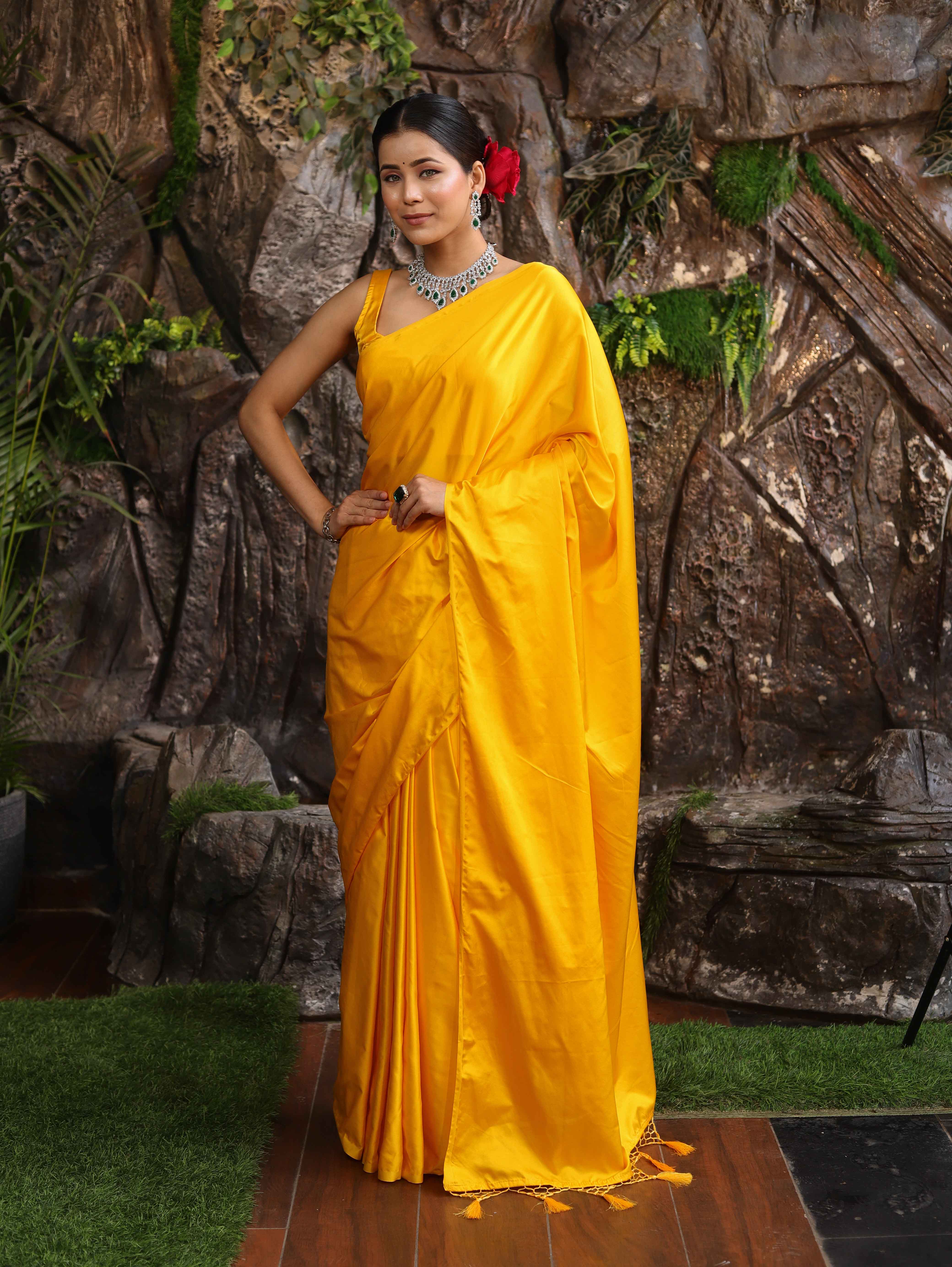 Banarasee Handloom Plain Mashru Silk Saree-Yellow