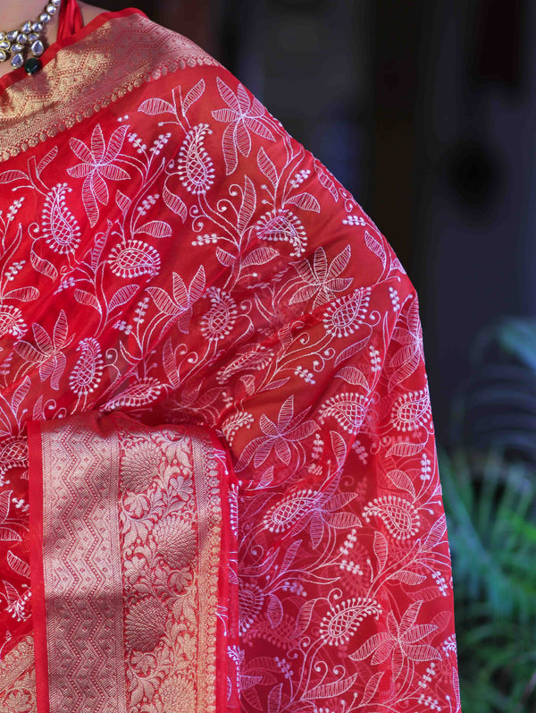 Banarasee Organza Mix Saree With Thread Embroidered Work & Zari Border-Red