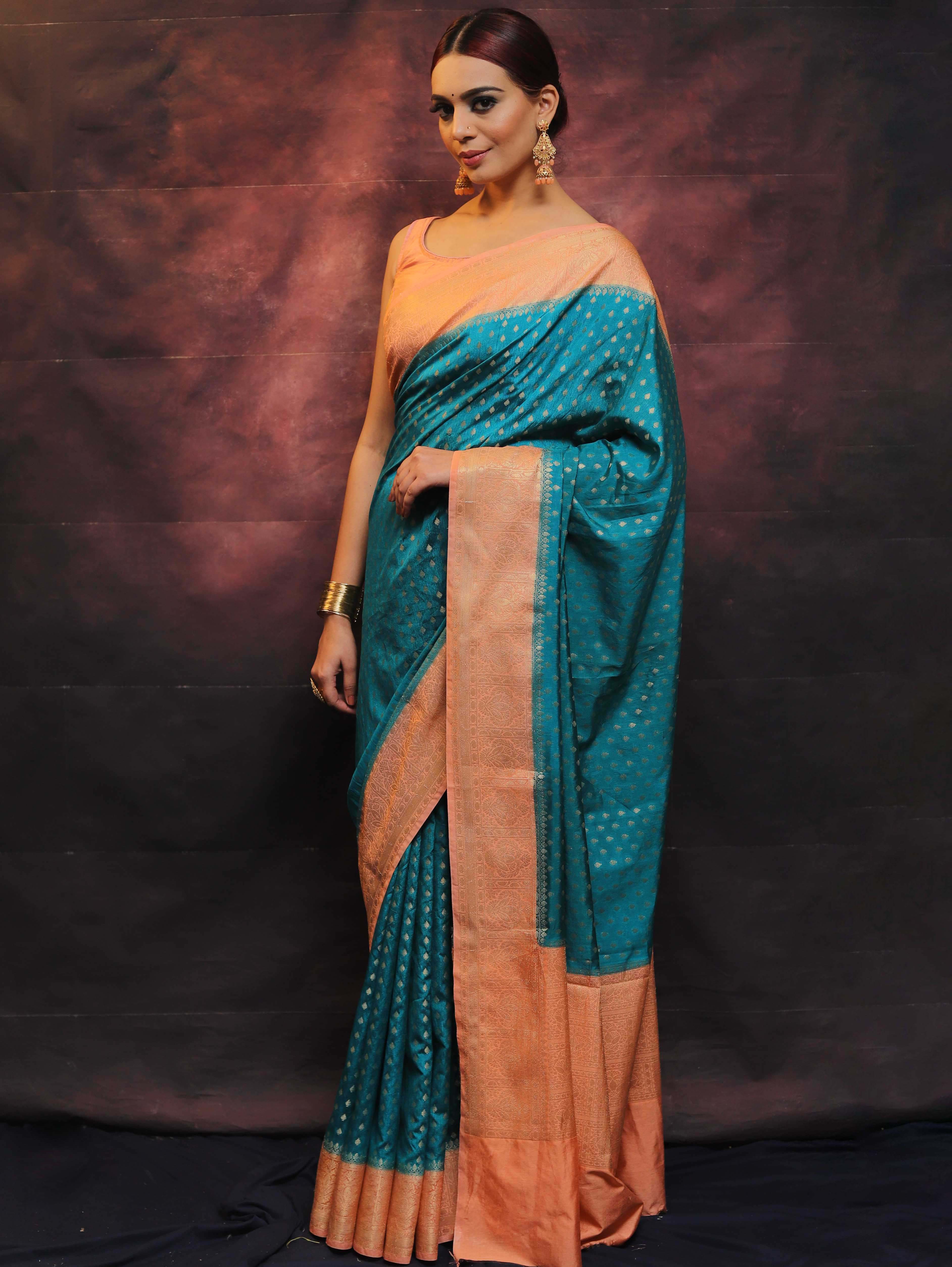 Banarasee Semi Silk Zari Buti Saree With Contrast Border-Blue & Peach