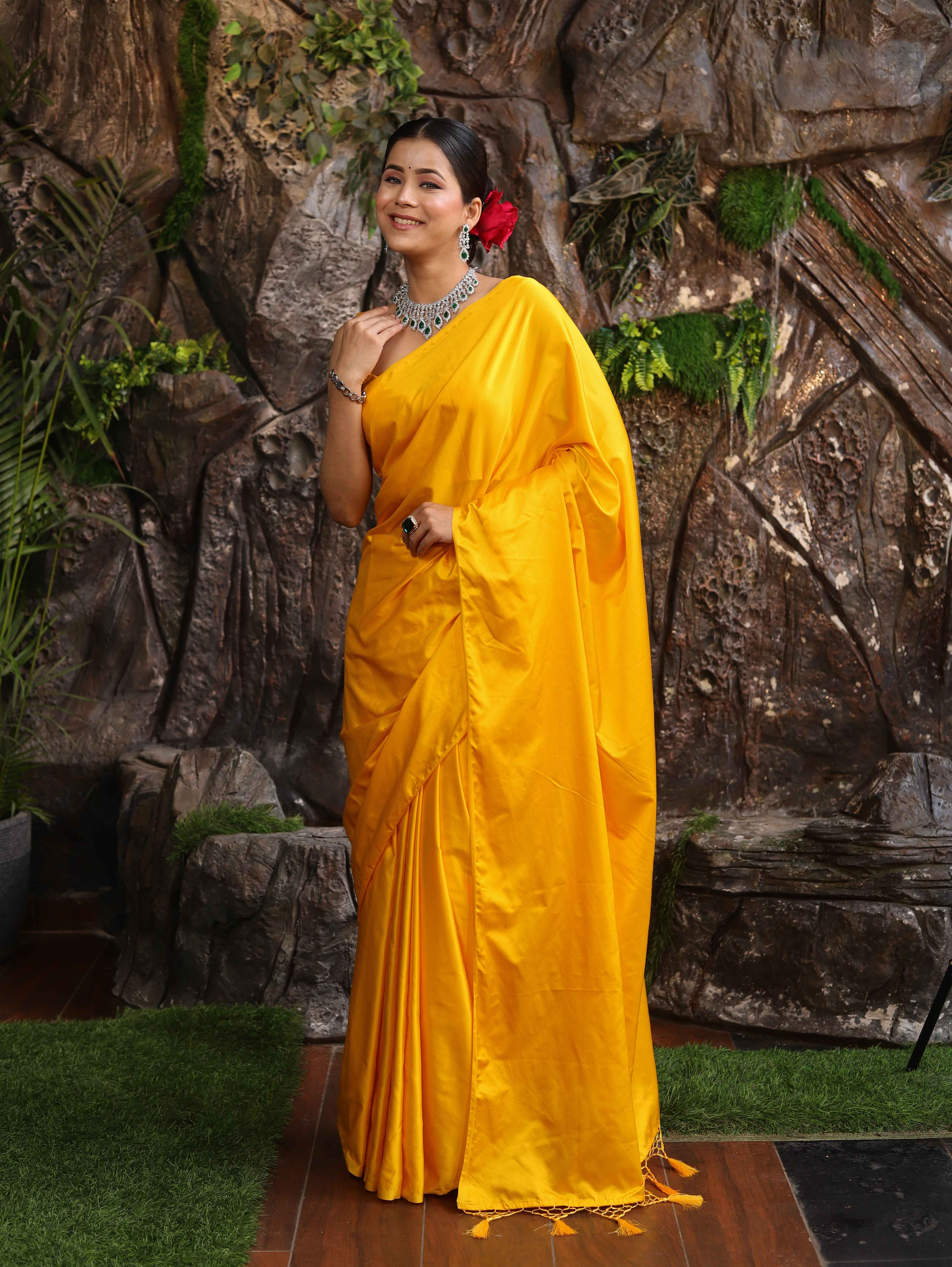 Banarasee Handloom Plain Mashru Silk Saree-Yellow