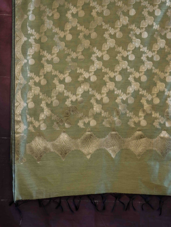 Banarasee Cotton Silk Dupatta With Zari Jaal Design-Light Green