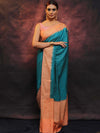 Banarasee Semi Silk Zari Buti Saree With Contrast Border-Blue & Peach
