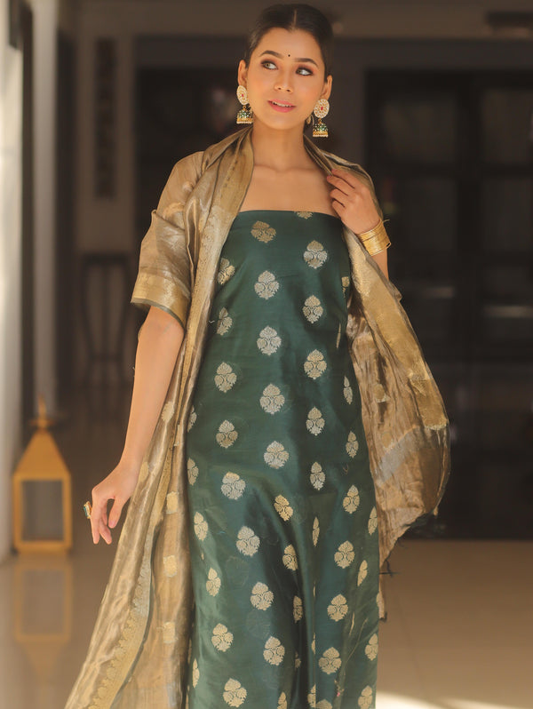 Banarasee Chanderi Zari Buti Salwar Kameez Fabric With Tissue Dupatta-Green