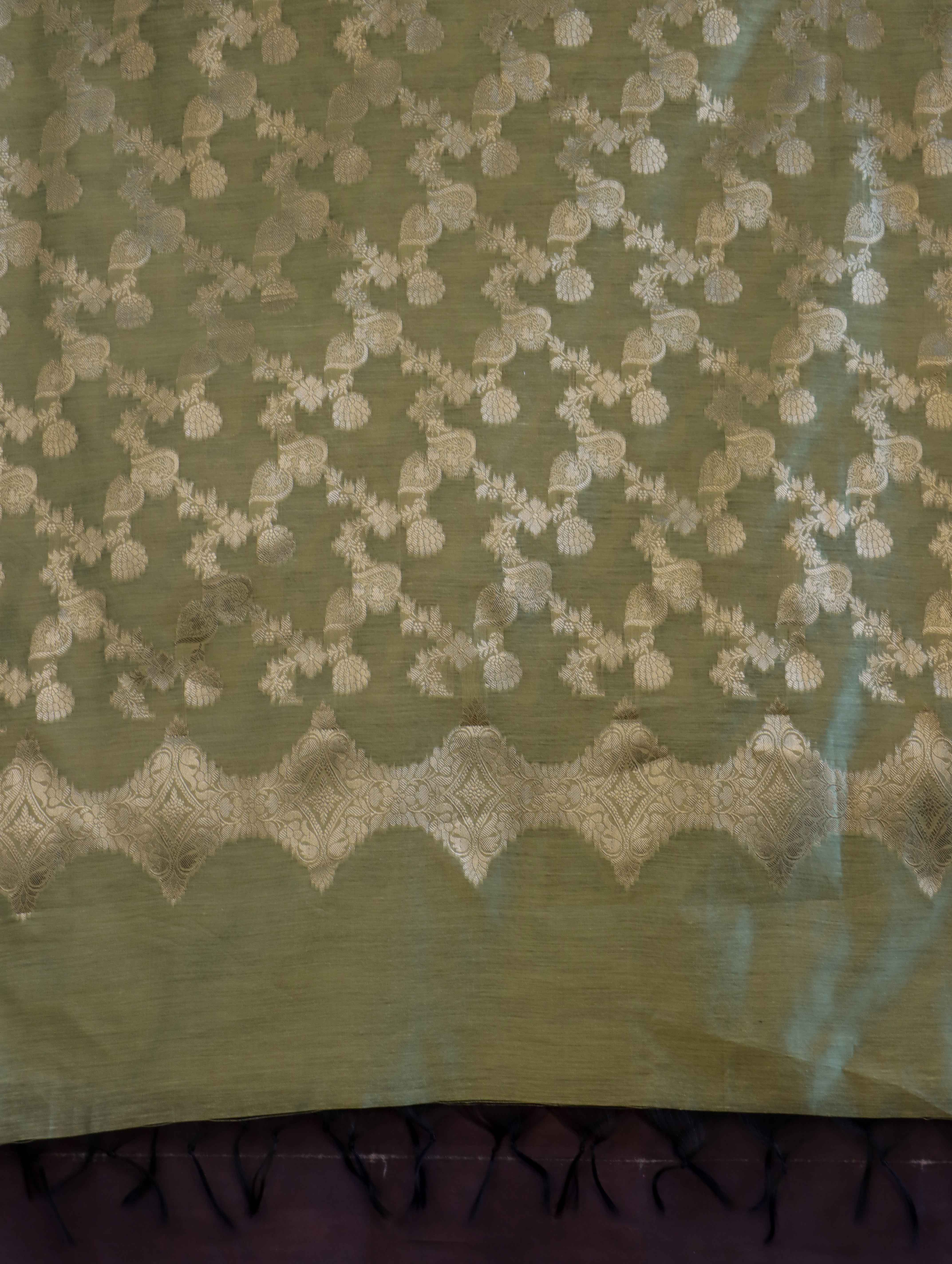 Banarasee Cotton Silk Dupatta With Zari Jaal Design-Light Green