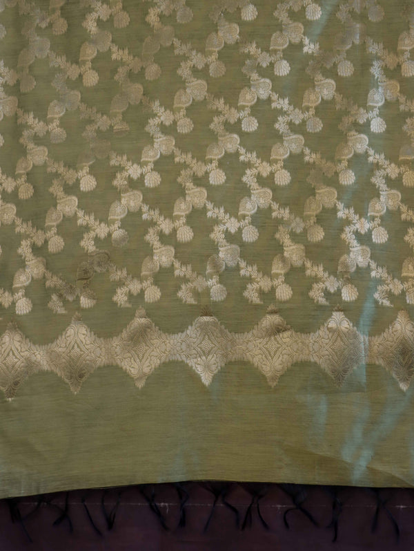 Banarasee Cotton Silk Dupatta With Zari Jaal Design-Light Green