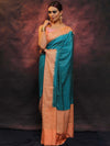 Banarasee Semi Silk Zari Buti Saree With Contrast Border-Blue & Peach