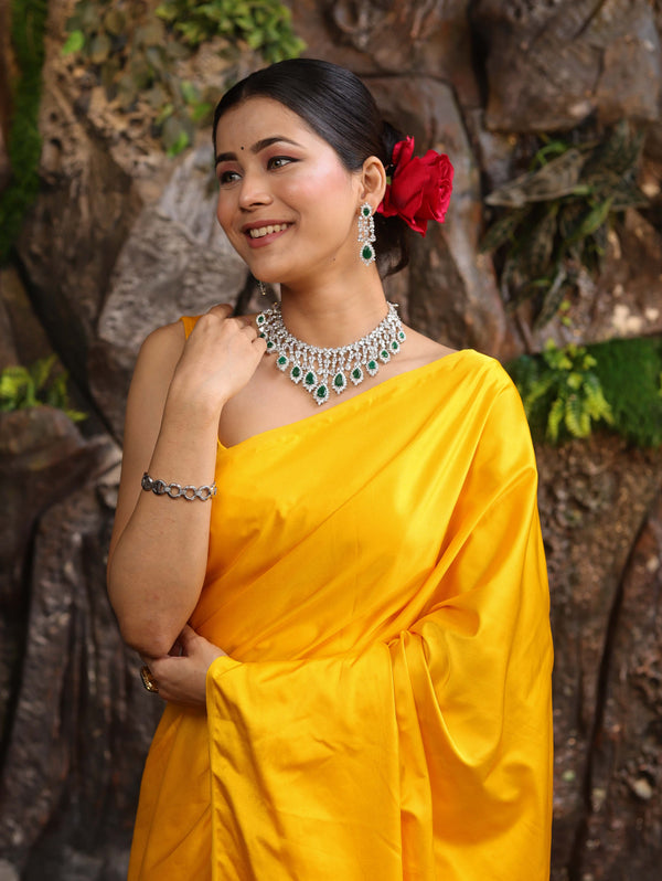 Banarasee Handloom Plain Mashru Silk Saree-Yellow