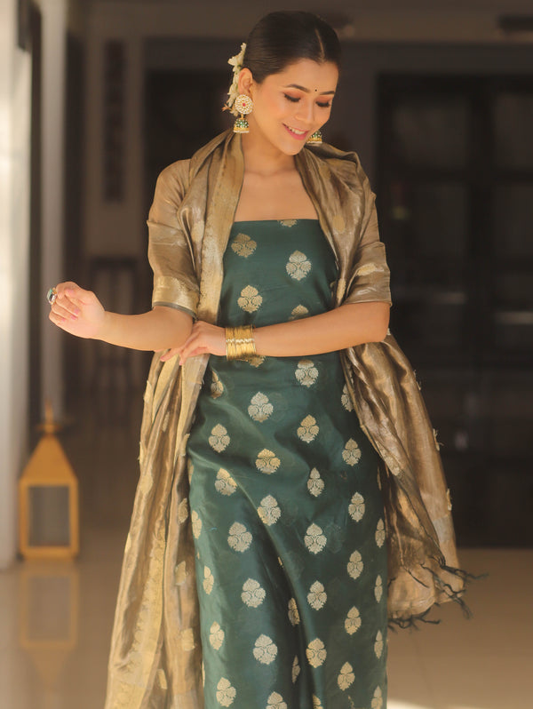 Banarasee Chanderi Zari Buti Salwar Kameez Fabric With Tissue Dupatta-Green