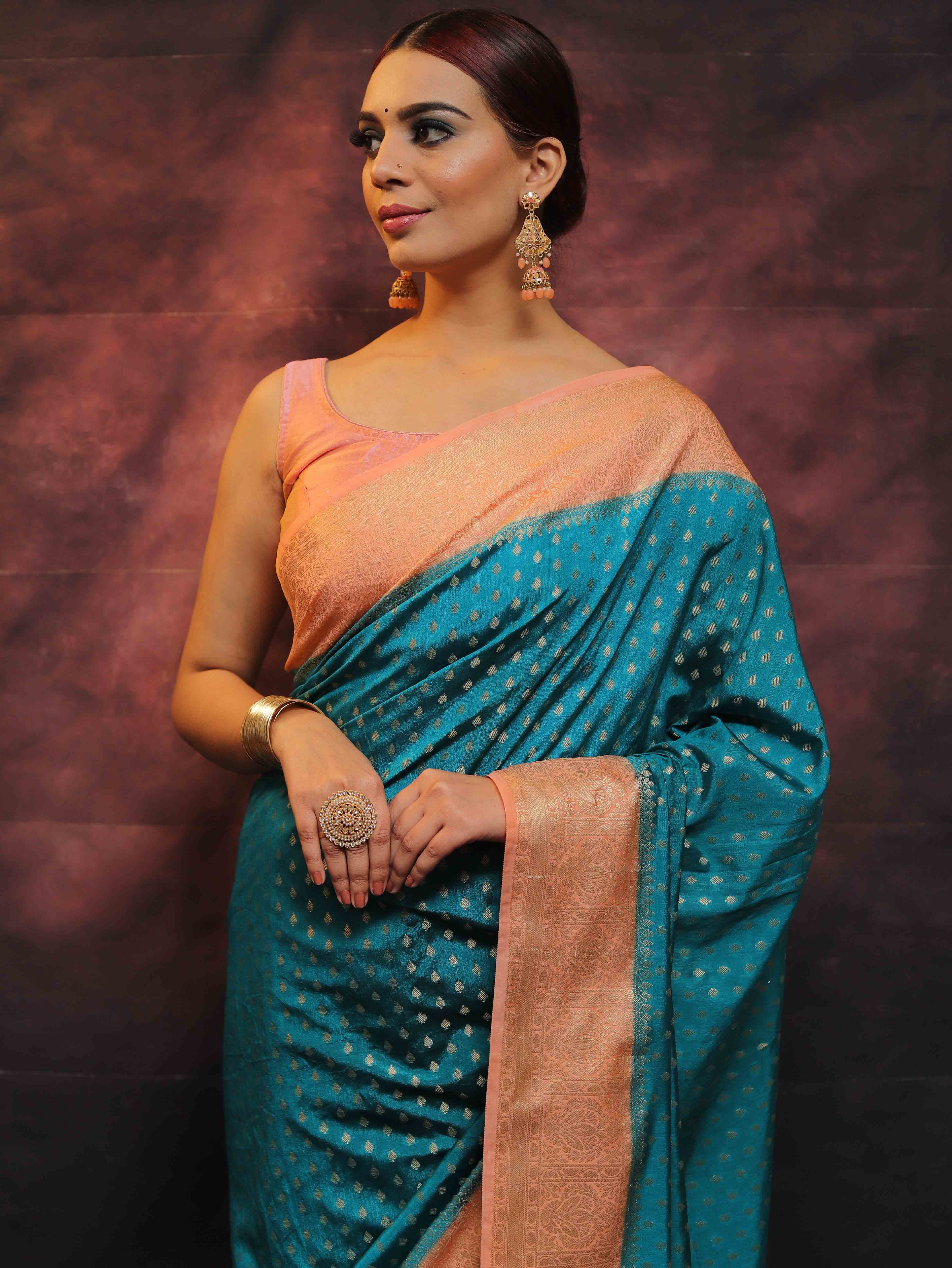 Banarasee Semi Silk Zari Buti Saree With Contrast Border-Blue & Peach