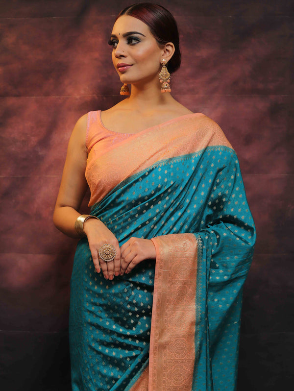 Banarasee Semi Silk Zari Buti Saree With Contrast Border-Blue & Peach