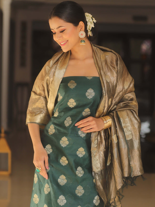 Banarasee Chanderi Zari Buti Salwar Kameez Fabric With Tissue Dupatta-Green