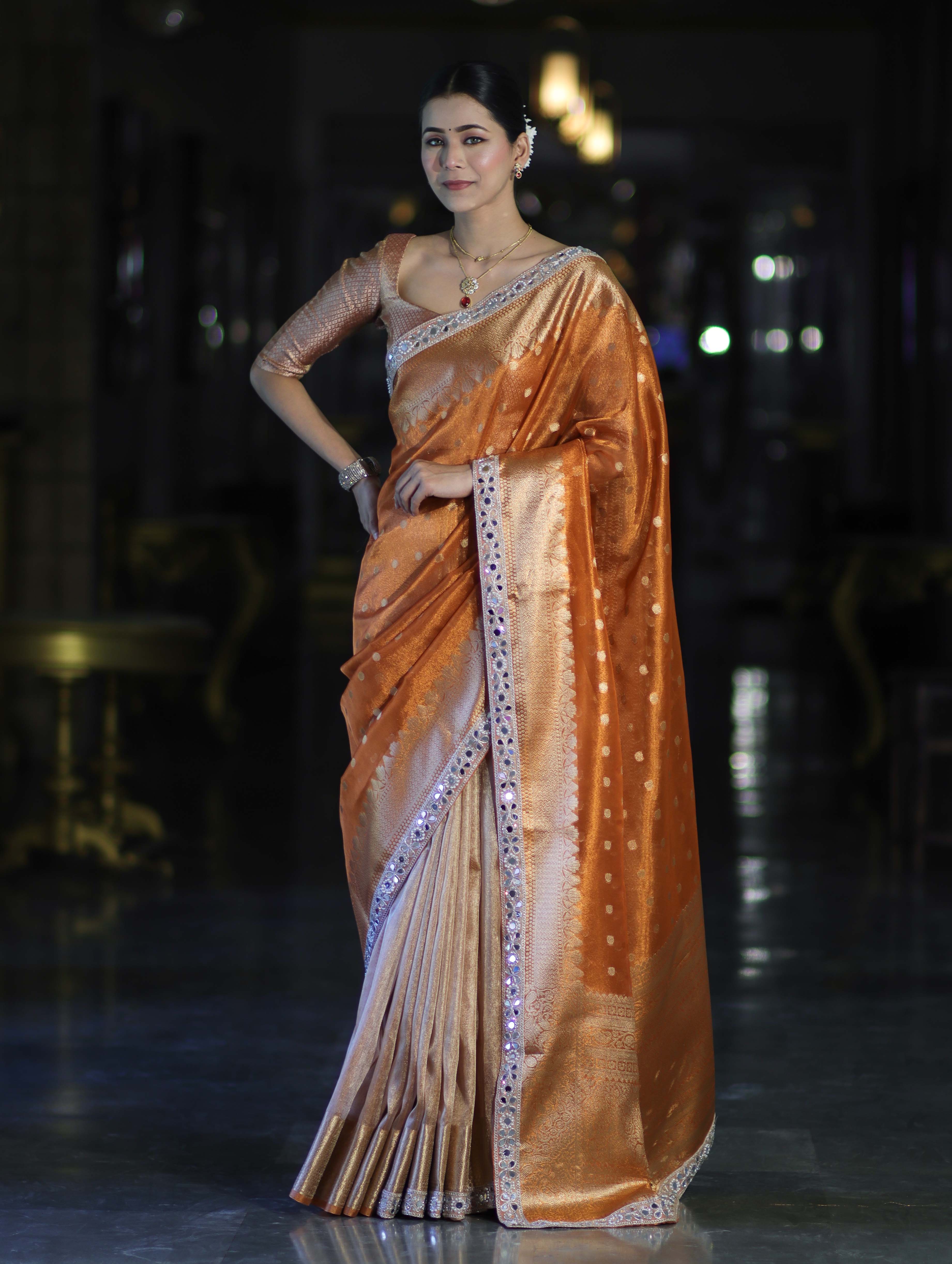 Banarasee Handloom Tissue Saree With Buti Design Zari Border & Lace-Rust