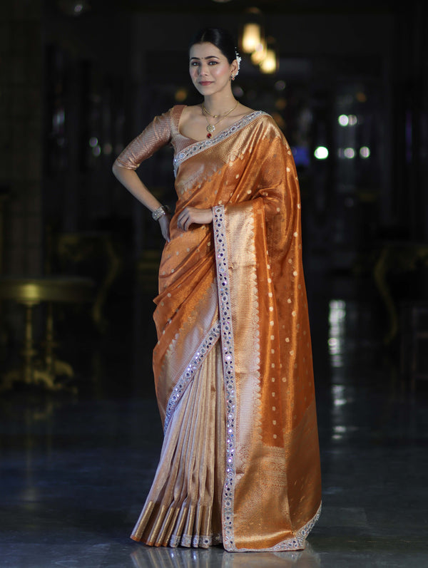 Banarasee Handloom Tissue Saree With Buti Design Zari Border & Lace-Rust