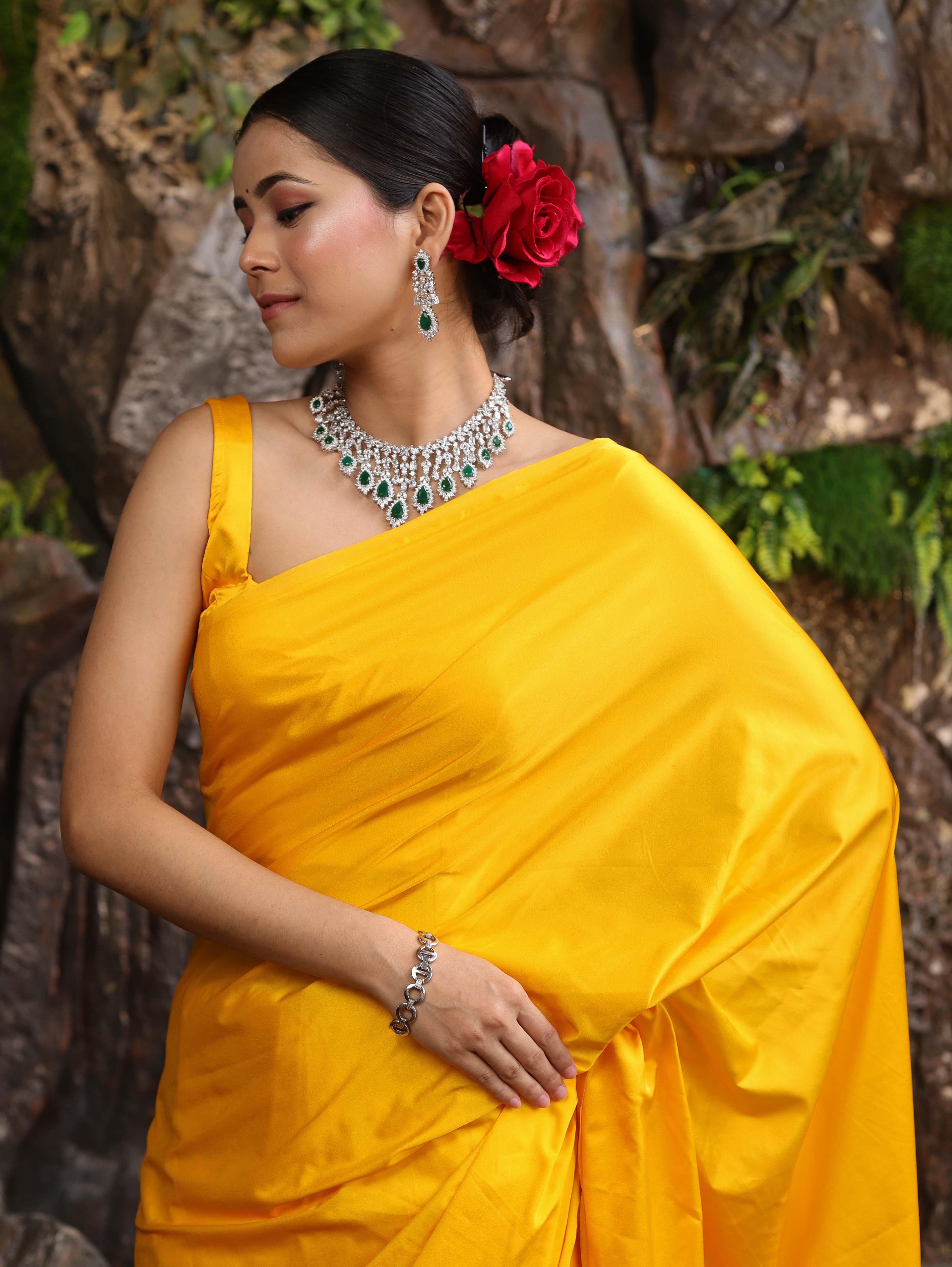 Banarasee Handloom Plain Mashru Silk Saree-Yellow