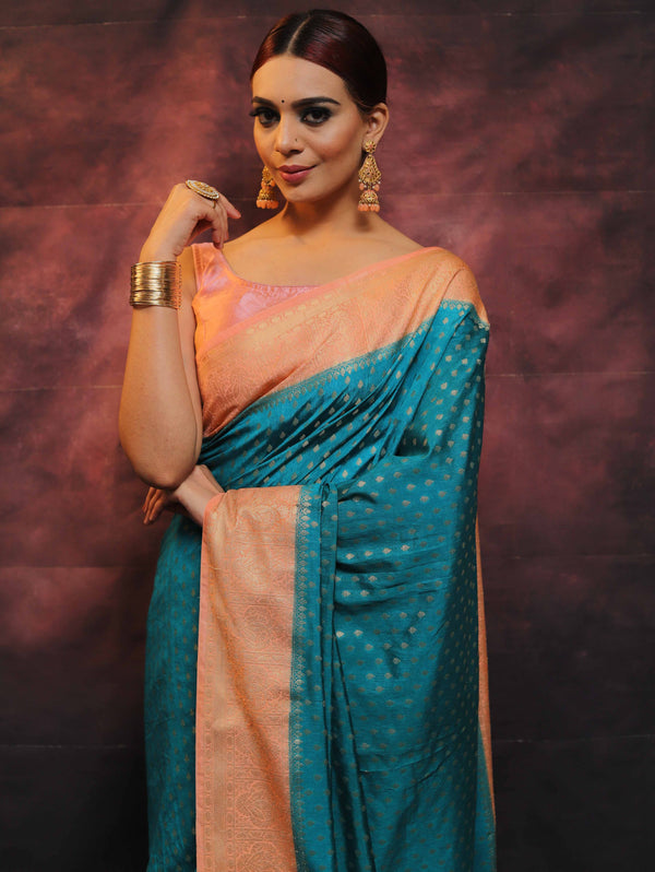 Banarasee Semi Silk Zari Buti Saree With Contrast Border-Blue & Peach