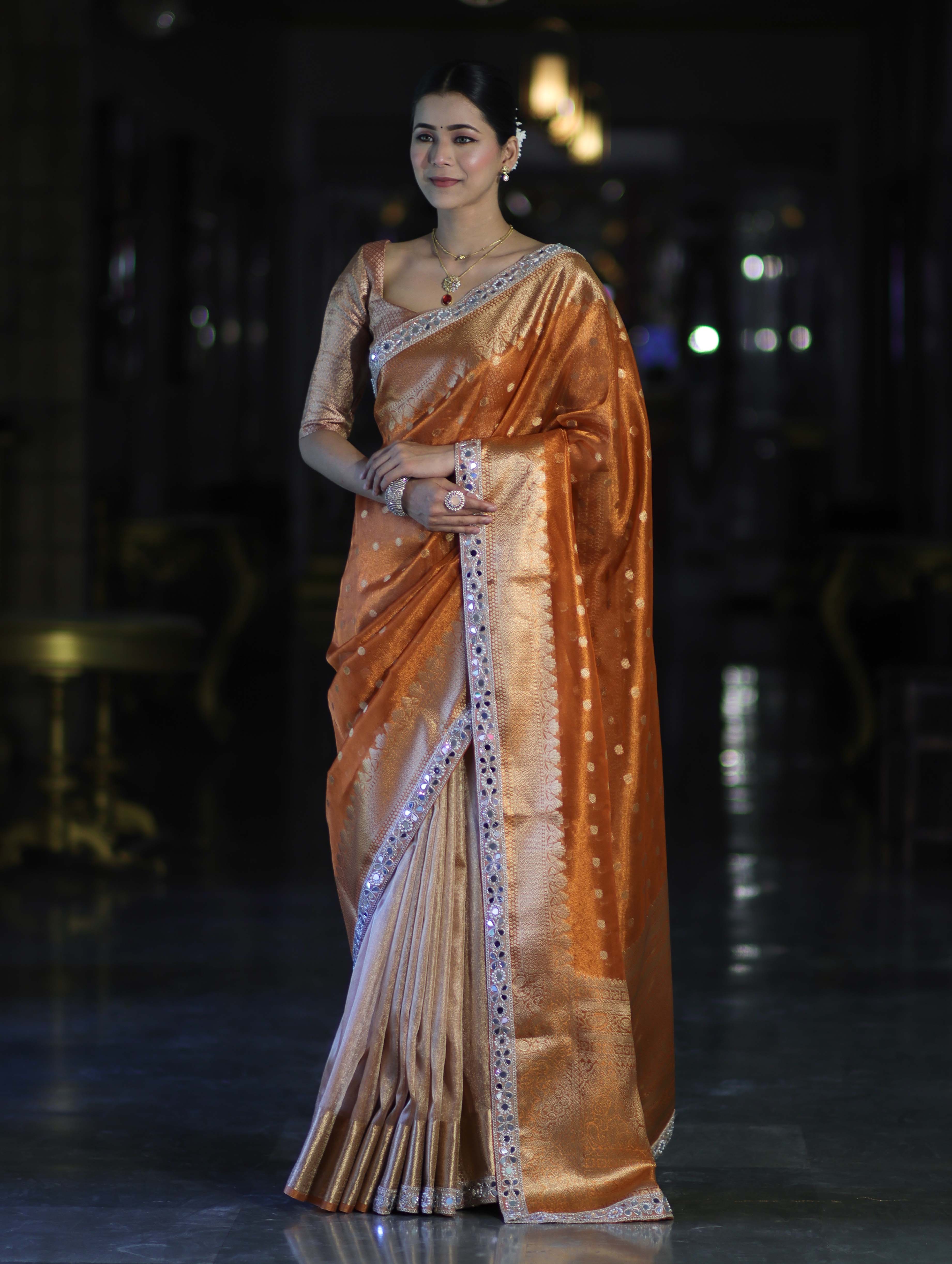 Banarasee Handloom Tissue Saree With Buti Design Zari Border & Lace-Rust