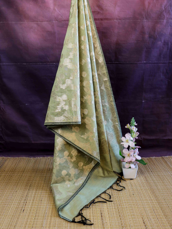 Banarasee Cotton Silk Dupatta With Zari Jaal Design-Light Green