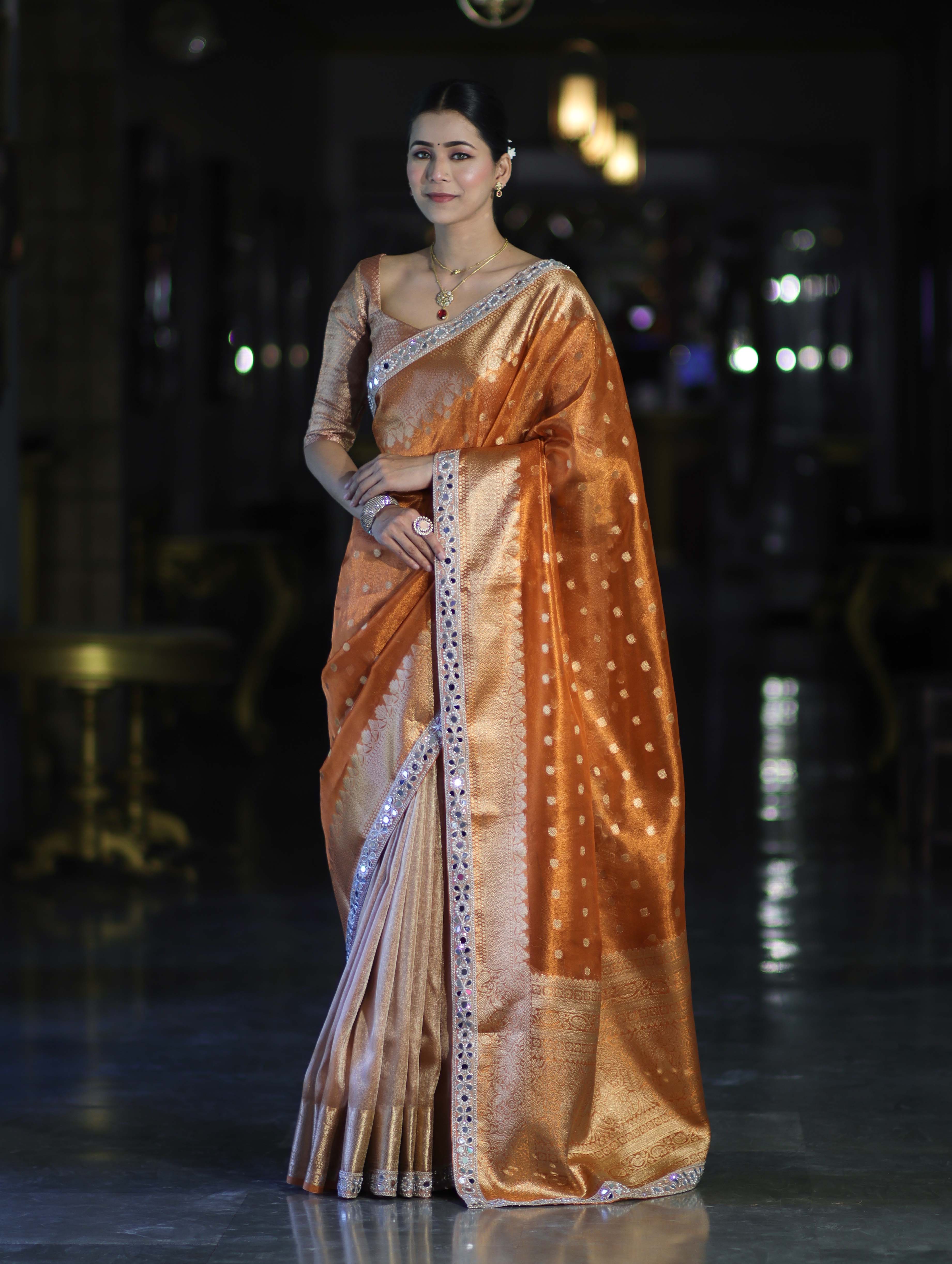 Banarasee Handloom Tissue Saree With Buti Design Zari Border & Lace-Rust