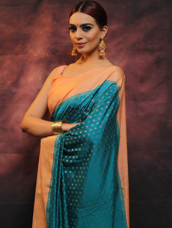 Banarasee Semi Silk Zari Buti Saree With Contrast Border-Blue & Peach