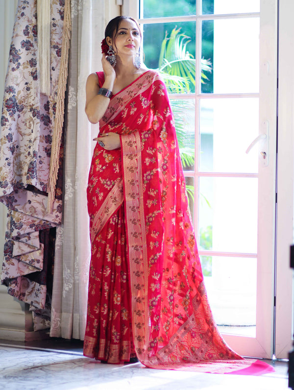 Banarasee Handloom Pure Chiffon Saree With Resham Work-Cherry Red