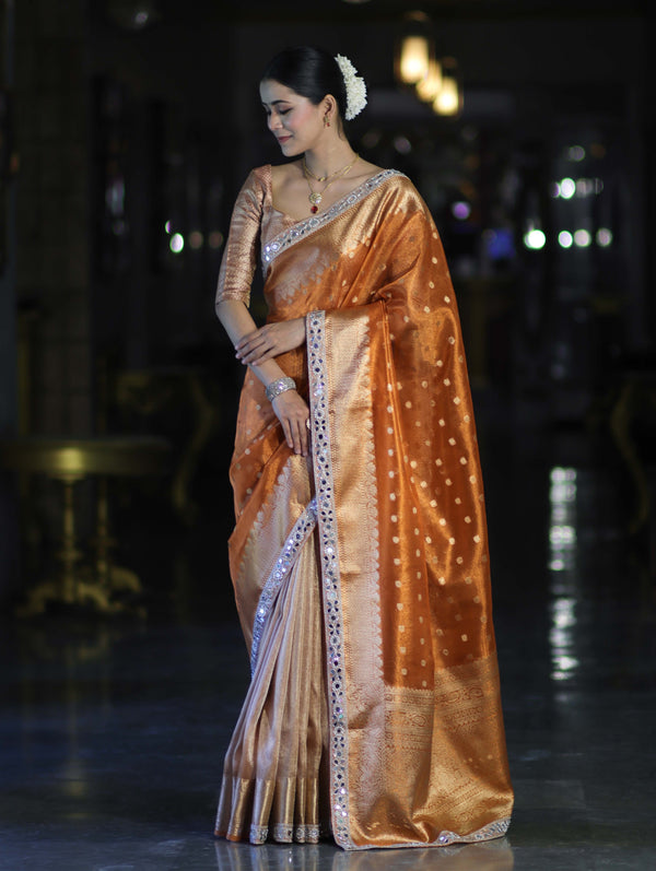Banarasee Handloom Tissue Saree With Buti Design Zari Border & Lace-Rust