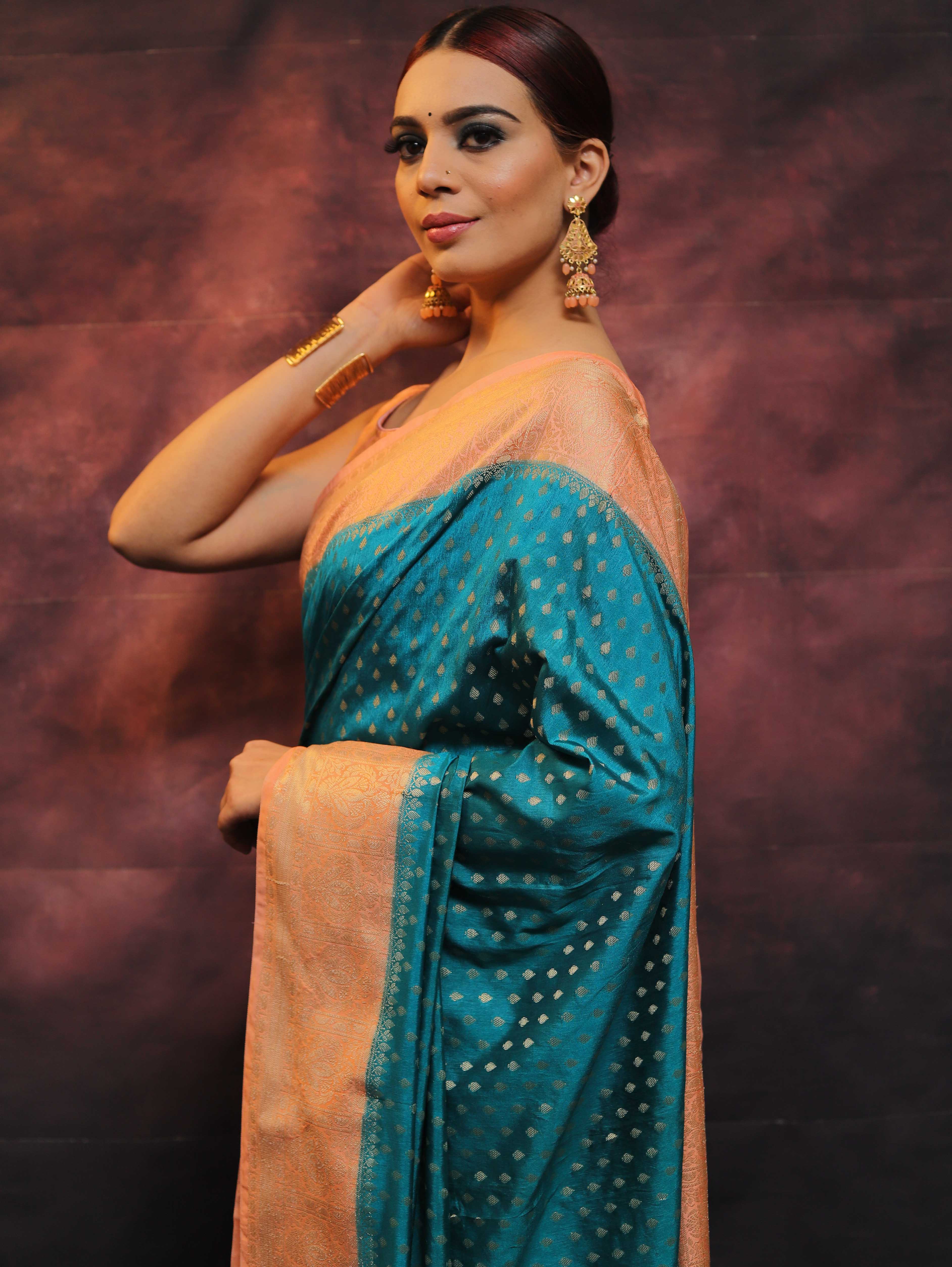 Banarasee Semi Silk Zari Buti Saree With Contrast Border-Blue & Peach