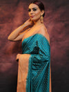 Banarasee Semi Silk Zari Buti Saree With Contrast Border-Blue & Peach