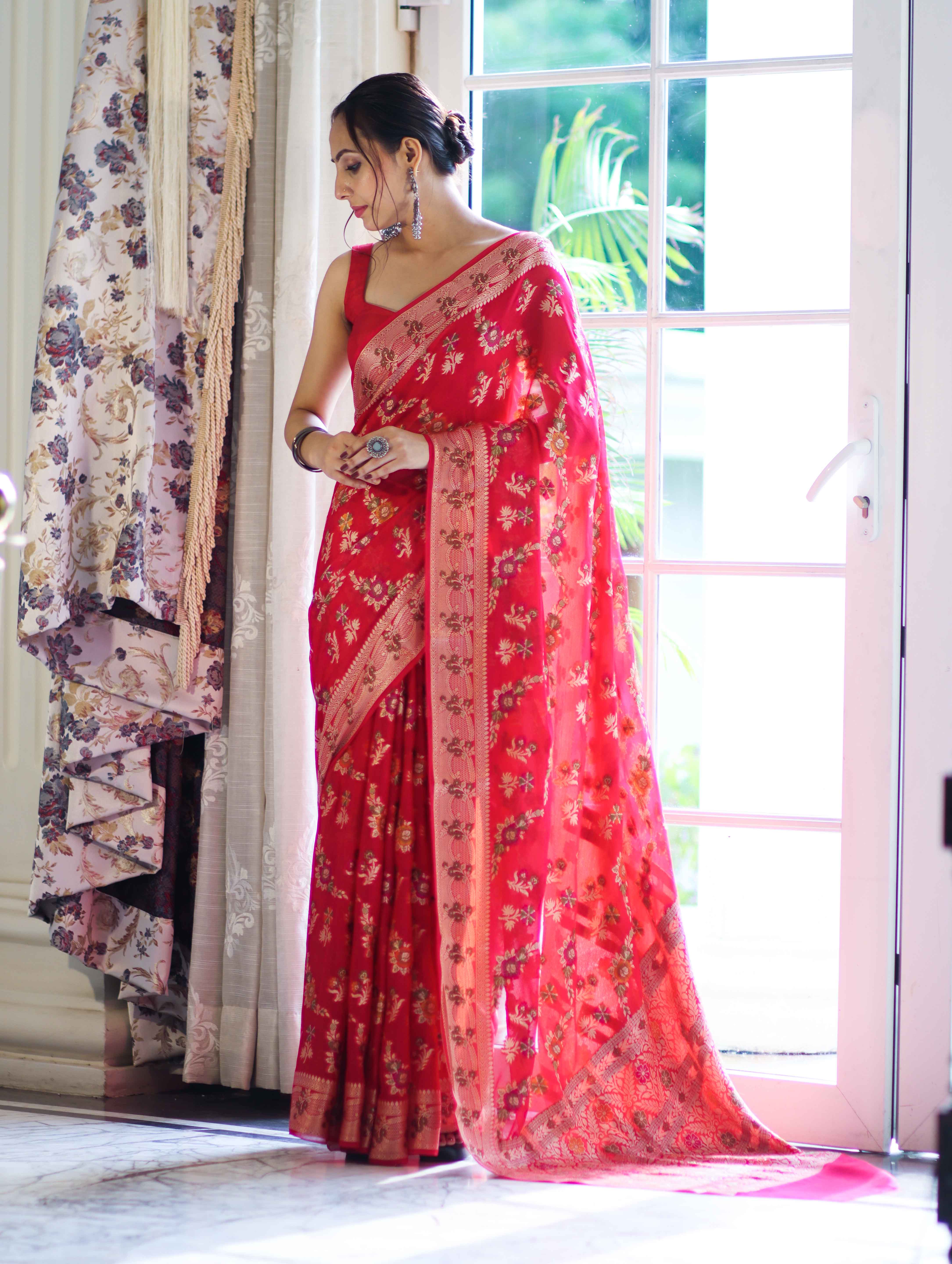 Banarasee Handloom Pure Chiffon Saree With Resham Work-Cherry Red