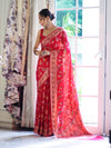 Banarasee Handloom Pure Chiffon Saree With Resham Work-Cherry Red